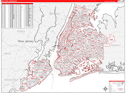New York 5 Boroughs Metro Area Wall Map Red Line Style 2026